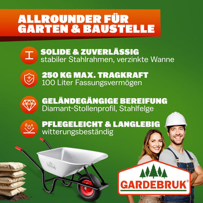 GARDEBRUK® Schubkarre Garten Bauschubkarre – 100L verzinkt Luftreifen