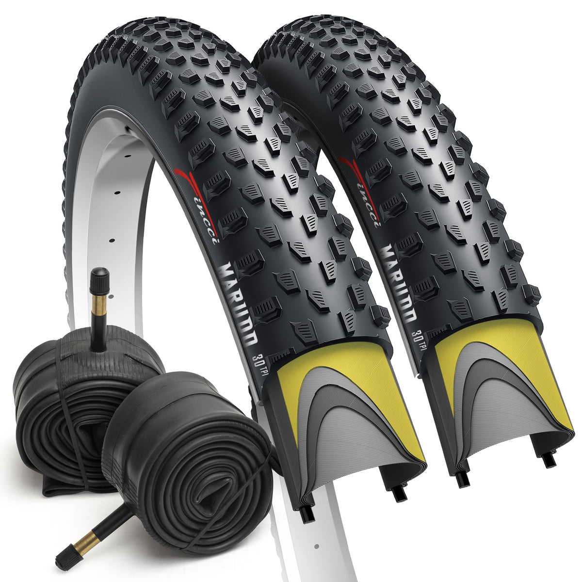 Fincci MTB Fahrradreifen 29 Zoll Set 52-622, faltbar, mit Schläuchen, schwarz, Stollenprofil