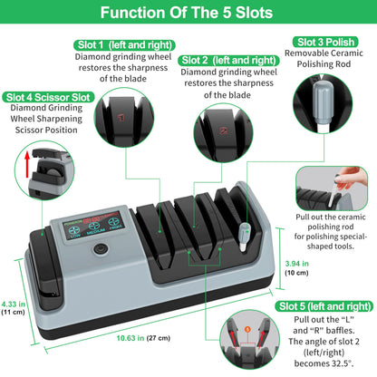 YOORLEAY Elektrischer Messerschärfer 5-in-1, 3 Stufen, Grau