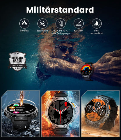 DREMAC FV6 Smartwatch Herren mit 1,85'' HD-Display und Taschenlampe
