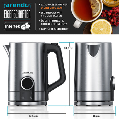Arendo Wasserkocher Temperaturwahl - Edelstahl 1.7L