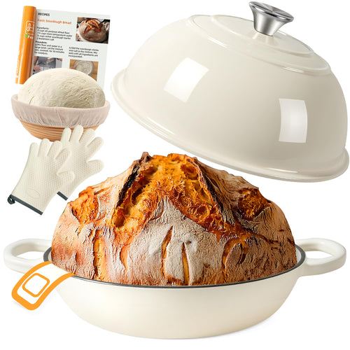 Gusseisen Emaille Dutch Oven 5.7L Brotbacktopf – Weiss, rund. Zum Backen von Brot im Ofen.