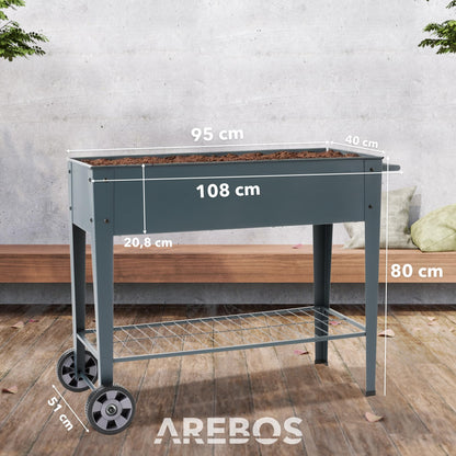 Arebos Hochbeet mit Rädern und Ablage, Metall, 108 x 51 x 80 cm