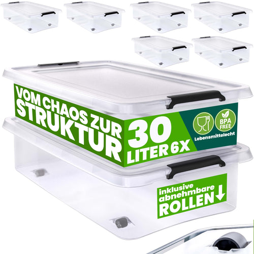 Deuba® RB60 Aufbewahrungsboxen - 6x 30l transparent mit Rollen. Sechs rechteckige, transparente Kunststoffboxen für flexiblen Stauraum.