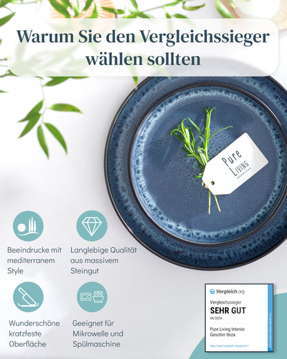 Pure Living Ibiza Steingut Geschirrset - 6 Personen Tiefblau