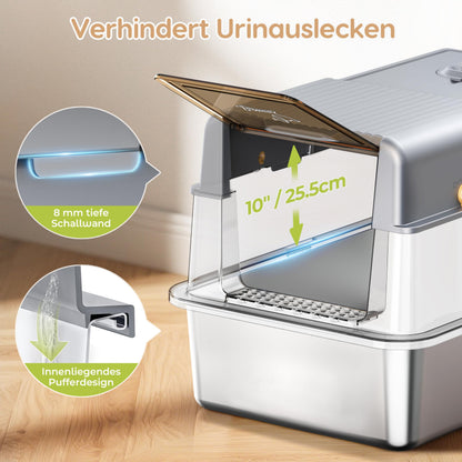 PalNests Edelstahl-Katzentoilette XXL mit Deckel, Klappe und Schaufel