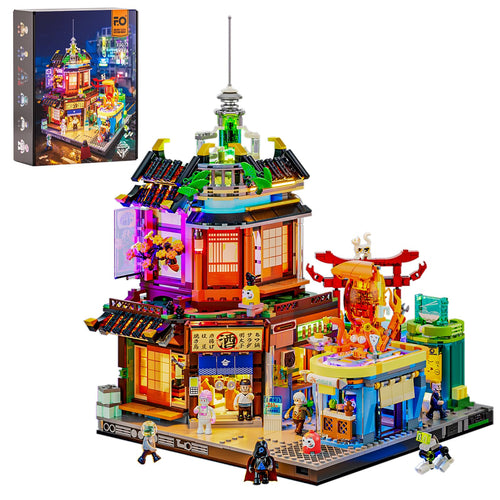 FUNWHOLE Cyberpunk Japanisches Izakaya LED-Baustein Set. Beleuchtetes Miniatur-Bausteinmodell stellt ein Cyberpunk Izakaya dar.