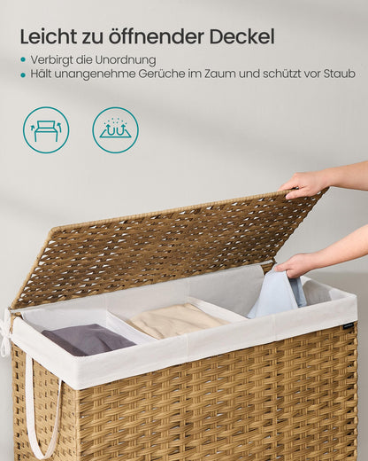 SONGMICS Wäschekorb LCB320Y01 - 3 Fächer, Rattan-Optik, Natur