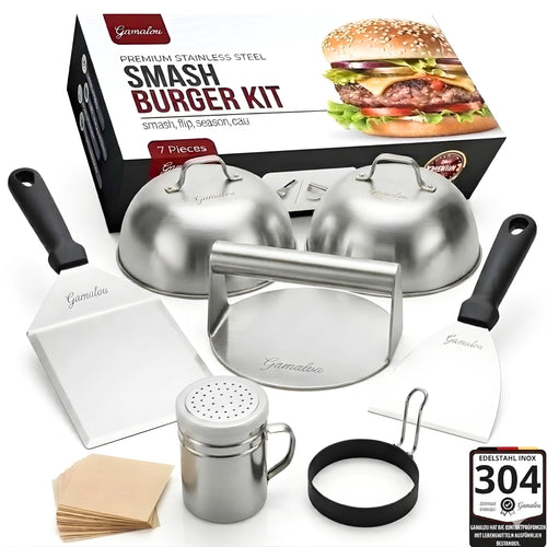 Gamalou Smash Burgerpresse Set aus Edelstahl mit Spachtel und Glocken, 8-teilig