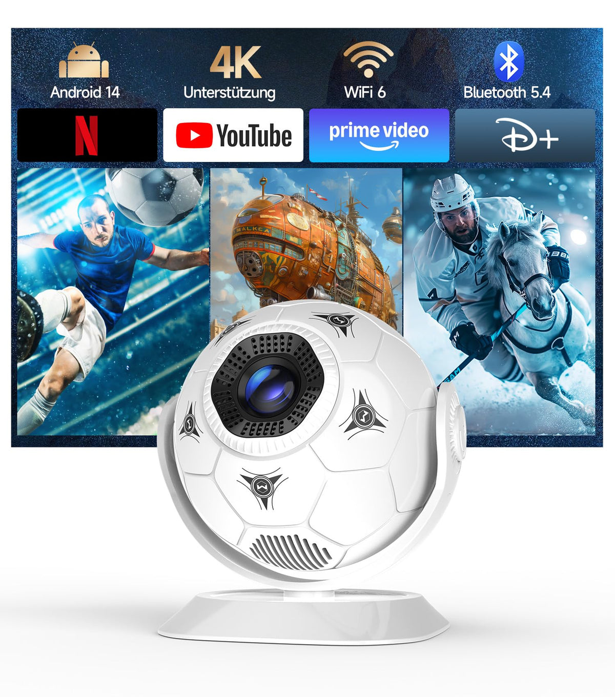 Magcubic HY300F Mini Beamer 4K Support mit Android 14 und WiFi 6 – kugelförmiges Gehäuse im Fussball-Design