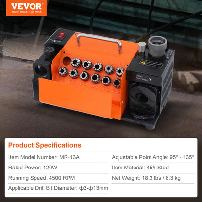 VEVOR Bohrerschleifer MR-13A, 3-13 mm Bohrer-Nachschärfer HSS CBN