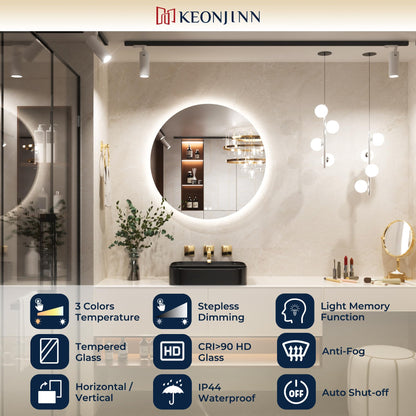Keonjinn Badspiegel mit Beleuchtung rund 60 cm, beschlagfrei, dimmbar