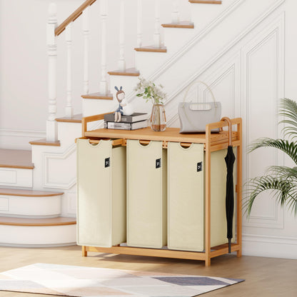 AdelDream Wäschekorb 150 L mit 3 Fächern, Bambusrahmen, Beige