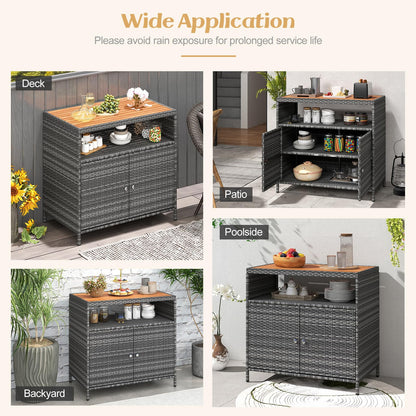 COSTWAY Gartenschrank Rattan mit Akazienholz-Arbeitsplatte, Grau
