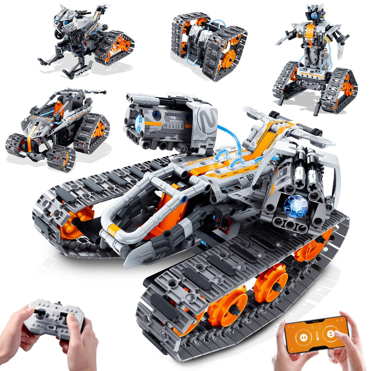 HiWEEGO Technik Roboter Bausatz 5-in-1 mit LED-Beleuchtung und Kettenantrieb