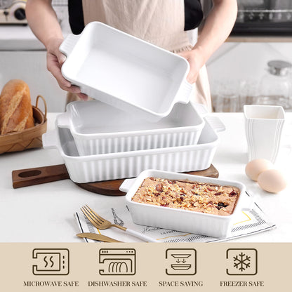 MALACASA Auflaufform Set 4-teilig, Keramik Backformen rechteckig weiss