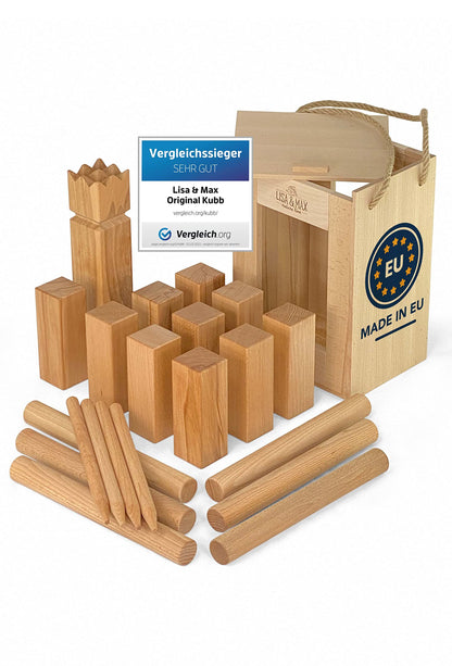 Wikinger Kubb Schweden Schach - Original Turnier FSC-Holz: Set aus hellbraunen Holzblöcken, König und Wurfhölzern. Taktisches Wurfspiel für den Rasen.