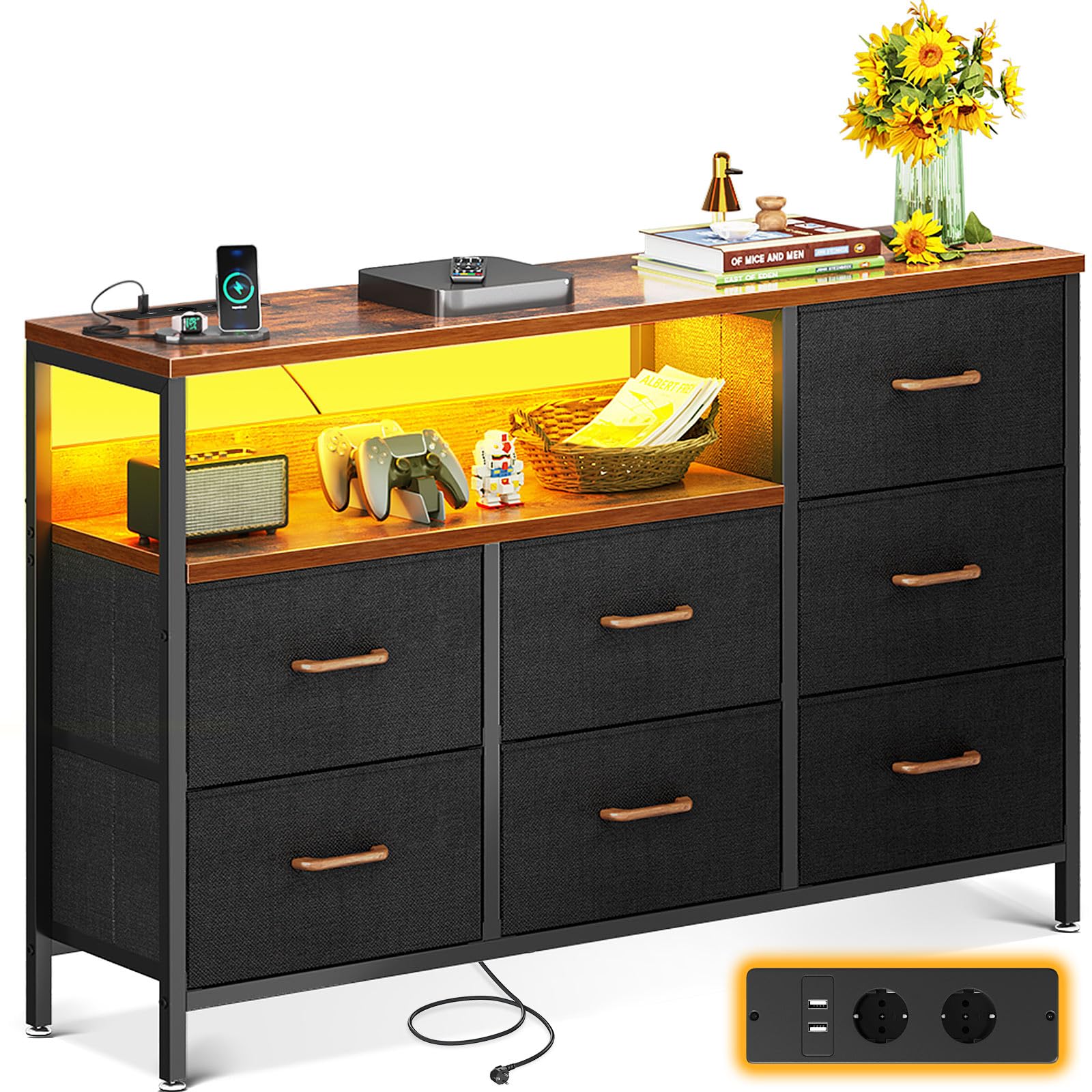 Coleshome Kommode mit 7 Schubladen & LED - Retro Farbe. Rechteckig, Retro-farben, mit LED. Organisiert Kleidung und Haushaltsgegenstände in 7 Schubladen.