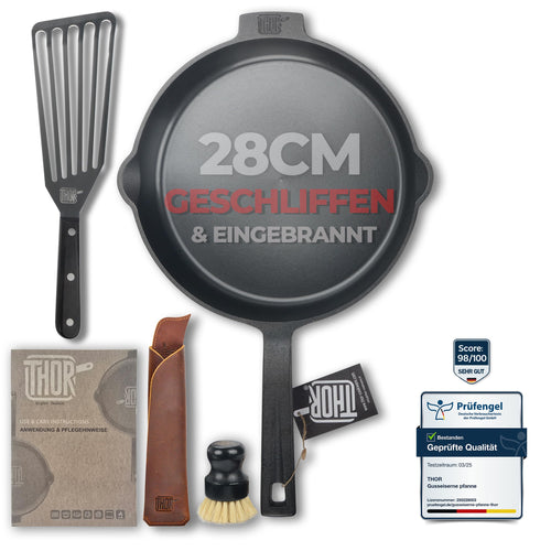 THOR Gusseisenpfanne Induktion 28cm - Geschliffene Oberfläche. Runde, geschliffene Gusseisenpfanne zum Braten/Schmoren auf Induktionsherden.