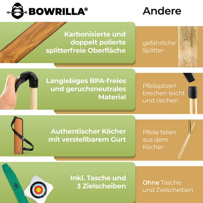 BOWRILLA Pfeil und Bogen Set für Kinder mit 10 Pfeilen und Köcher