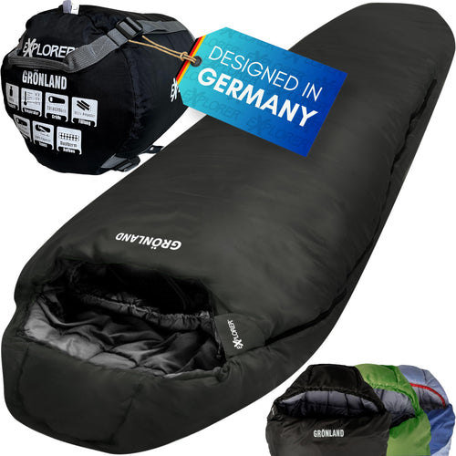 EXPLORER GRÖNLAND Winter Mumienschlafsack -5°C Komfort Schwarz zum Schlafen bei Wintertemperaturen bis -5°C.