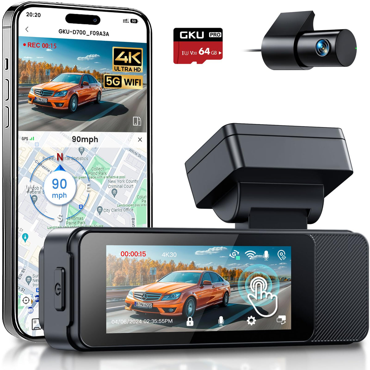 GKU D700 Dashcam Auto, 4K Dual-Kamera vorne hinten mit GPS, WLAN und 3,18-Zoll-Touchscreen