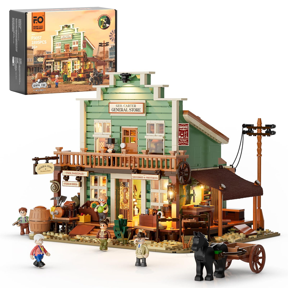 FUNWHOLE Western General Store Beleuchtetes Bauklötze-Set - 1895 Teile. Beleuchtetes Modell eines Westernladens. Für Modellbau & Ausstellungsdioramen.