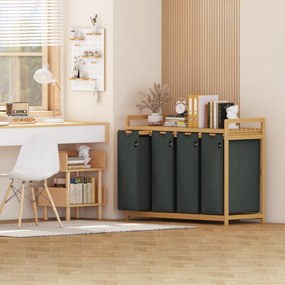 AdelDream Wäschekorb 200L mit 4 Fächern, Bambusrahmen, Grau