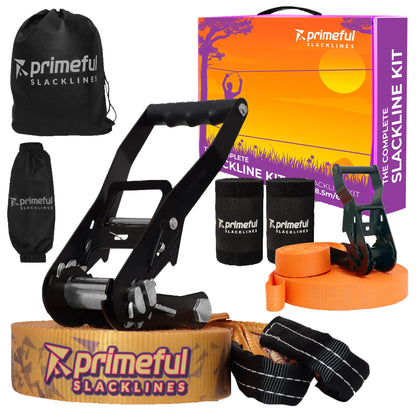 Primeful® Slackline Set Komplettset für Balance Training 18,5m. Flaches Gurtband mit Ratschensystem zum Balancieren.
