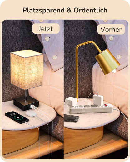 EDISHINE LED Nachttischlampe Touch dimmbar 2er-Set mit USB, beige