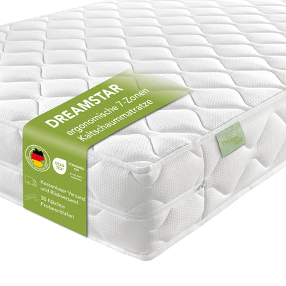 DREAMSTAR Ergo Flex Duo Kaltschaummatratze - 90x200cm H3/H4. Weiße Wendematratze mit 7-Zonen-Kaltschaumkern für ergonomischen Schlaf.