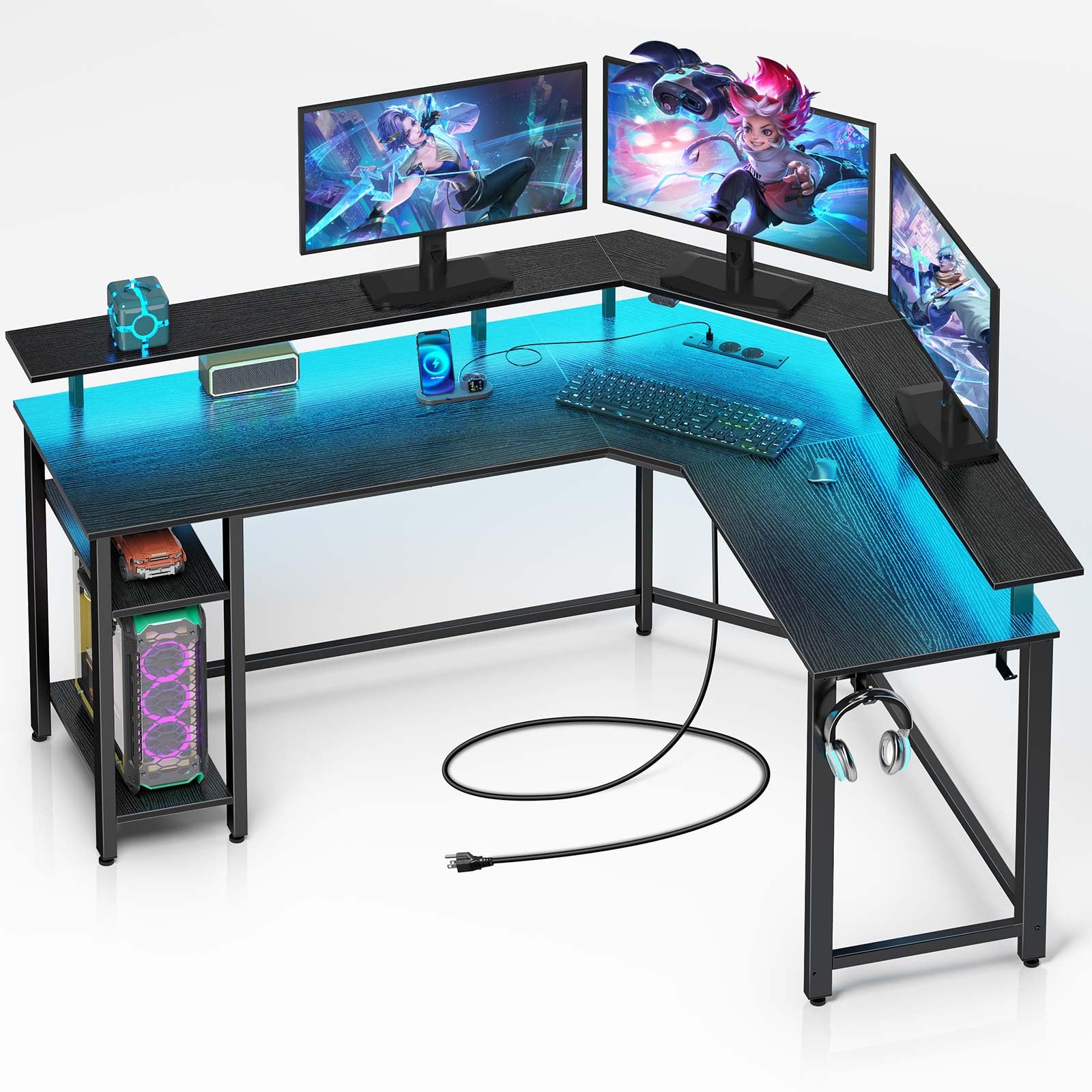 Rolanstar L-Form Schreibtisch RGB-LED, Steckdosen 117 cm: L-förmig mit RGB-LED und Steckdosen. Bietet Arbeitsfläche.