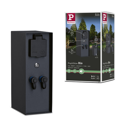 Paulmann Plug & Shine Rio Aussensteckdose Sensor IP44 Anthrazit. Kompakte anthrazitfarbene Außensteckdose mit Sensor zur Stromversorgung im Außenbereich.