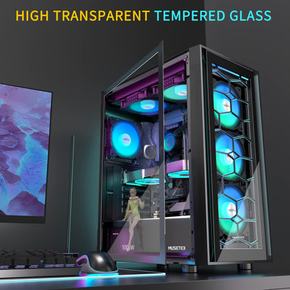 MUSETEX G07 Gaming PC Gehäuse ATX - Schwarz, 6 ARGB Lüfter