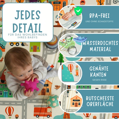 HuBorns Krabbelmatte Baby faltbar, 200x180 cm, wendbar, Stadt XL