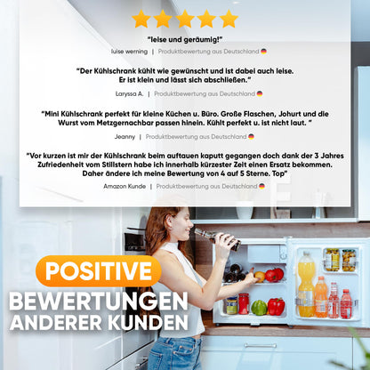 Stillstern Mini Kühlschrank E 45L mit Abtauautomatik, Schloss, Frostfach, Leise, Ideal für Küche, Büro, Schlafzimmer, Hotels und kleine Wohnungen Kühlschrank klein Minibar Getränkekühlschrank