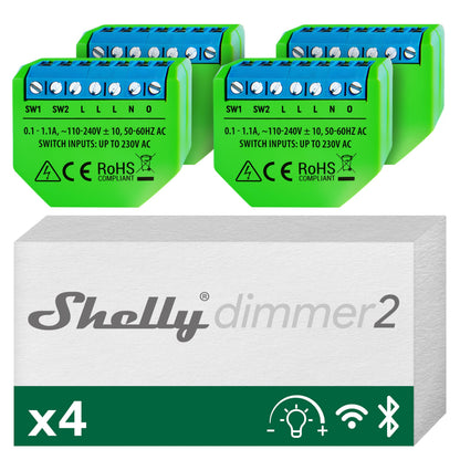 Shelly Dimmer 2 Intelligenter Wlan Dimmer Modul – 4 Stück. Weißes Modul zur WLAN-Dimmung von Beleuchtung.
