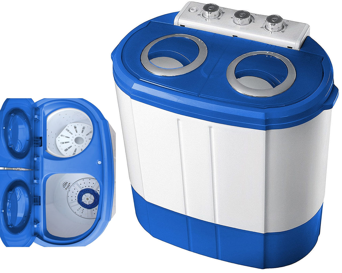 Steinborg Reisewaschmaschine 3KG mit Schleuder 2 Kammern - Grau/Weiss. Kompaktes Gerät zum mobilen Waschen und Schleudern.