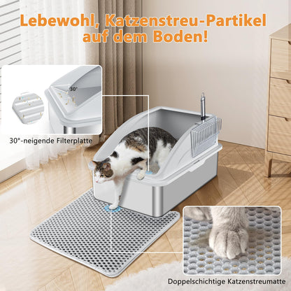 FURTIME Katzenklo Edelstahl XXL 30L mit Streuschaufel, silbergrau