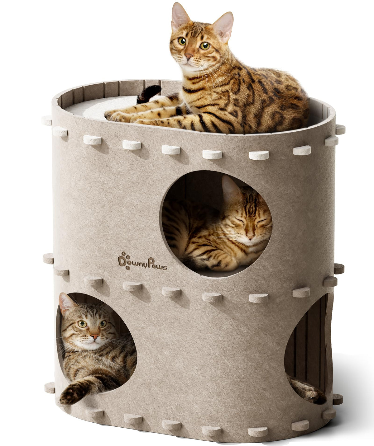 DownyPaws Katzenhöhle aus Filz, 2-stöckiges Katzenhaus, Beige, mit burgförmigem Design