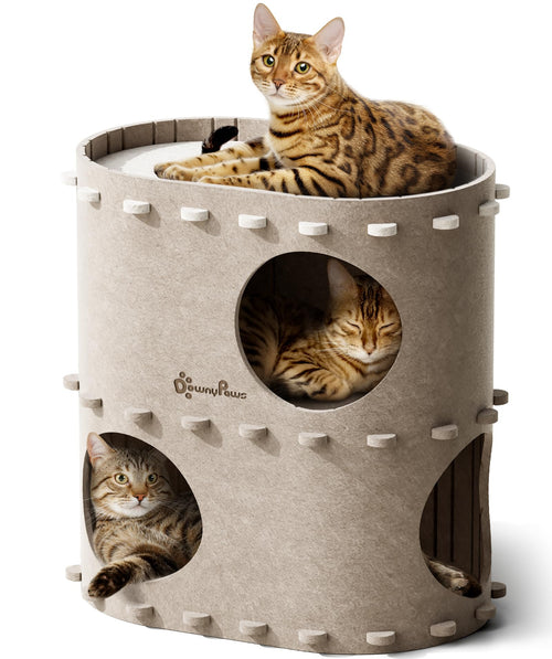 DownyPaws Katzenhöhle aus Filz, 2-stöckiges Katzenhaus, Beige, mit burgförmigem Design