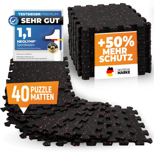 NEOLYMP Fitness Bodenschutz Puzzlematte – 40 Stk. extra dick. Schwarze, ineinandergreifende EVA-Matten schützen Böden vor Trainingsgeräten und Stößen.