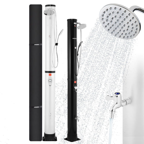 Arebos Solardusche 40 L mit Thermometer und Fussdusche, Silber – PVC-Korpus mit Aluminiumfuss und schwenkbarem Duschkopf