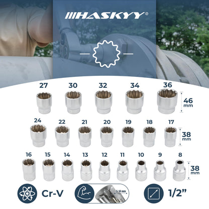 HASKYY Vielzahn Steckschlüsselsatz 1/2 Zoll, 12-Kant, 8-36 mm