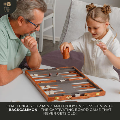 Queensell Backgammon Set 38 cm, Brettspiel im PU-Leder-Etui
