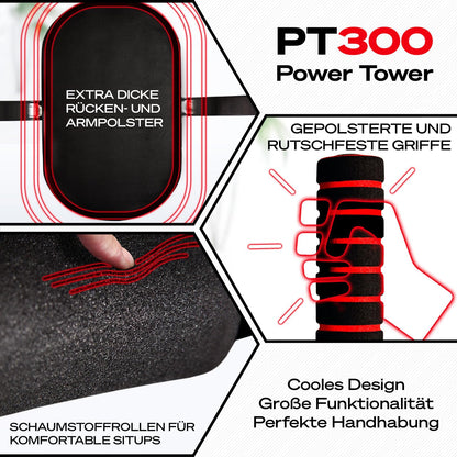 Sportstech 7in1 Power Tower PT300 Dip Station & Kraftturm – Schwarz