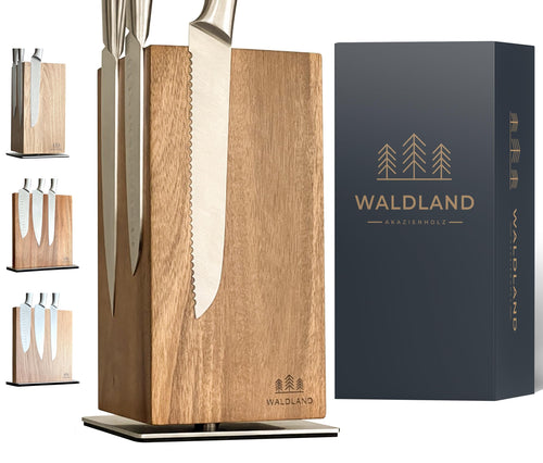WALDLAND Premium Messerblock magnetisch Akazienholz 360° drehbar. Quadratischer Akazienholz-Block zur 360° drehbaren, magnetischen Messeraufbewahrung.