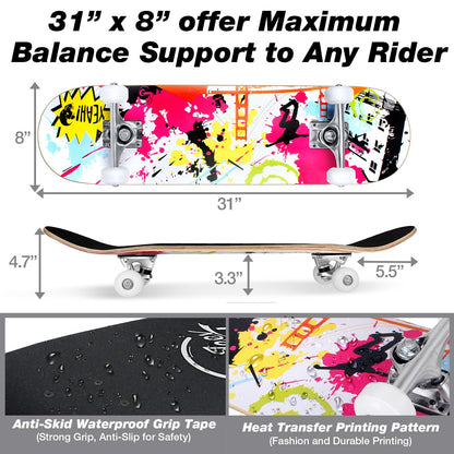 BELEEV Skateboard Cruiser 31x8 Zoll Ahorn Double Kick, Graffiti