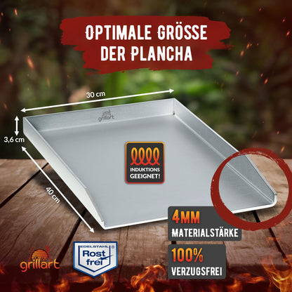 grillart Plancha Grillplatte Edelstahl 4 mm 30x40 cm mit Grillspachtel