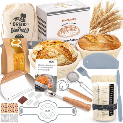 INNOCHEER Sauerteig Starter Set mit Gärkörbchen, 23 cm und 25 cm, Körbe aus Rattan mit Backzubehör